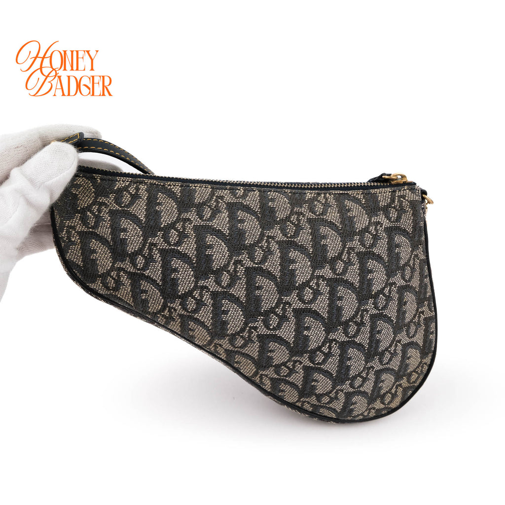 Christian Dior Vintage Saddle Pochette Mini Shoulder Bag Navy Blue Oblique Jacquard