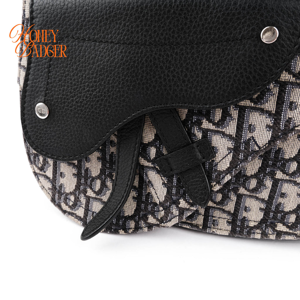 Dior Saddle Flap Messenger Bag Blue Oblique Jacquard Black Grained Leather