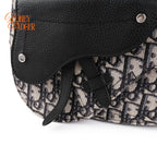 Dior Saddle Flap Messenger Bag Blue Oblique Jacquard Black Grained Leather