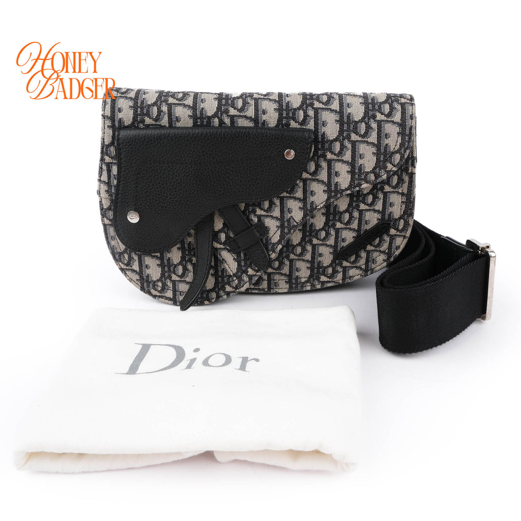 Dior Saddle Flap Messenger Bag Blue Oblique Jacquard Black Grained Leather