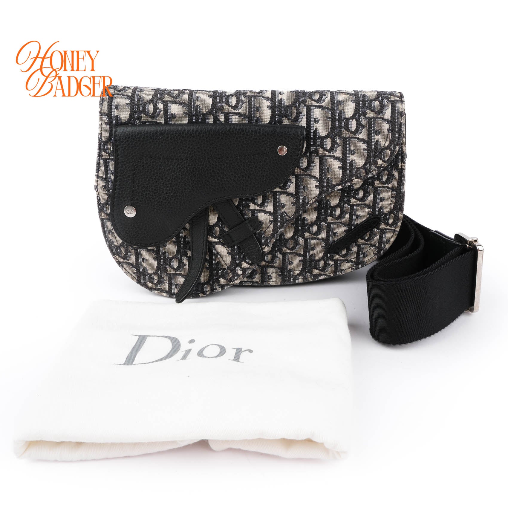 Dior Saddle Flap Messenger Bag Blue Oblique Jacquard Black Grained Leather