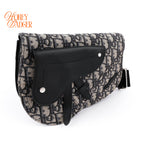 Dior Saddle Flap Messenger Bag Blue Oblique Jacquard Black Grained Leather