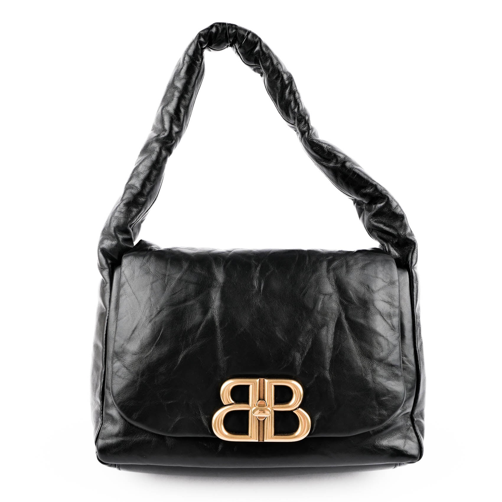 BALENCIAGA Monaco BB Logo Leather Shoulder Bag Black