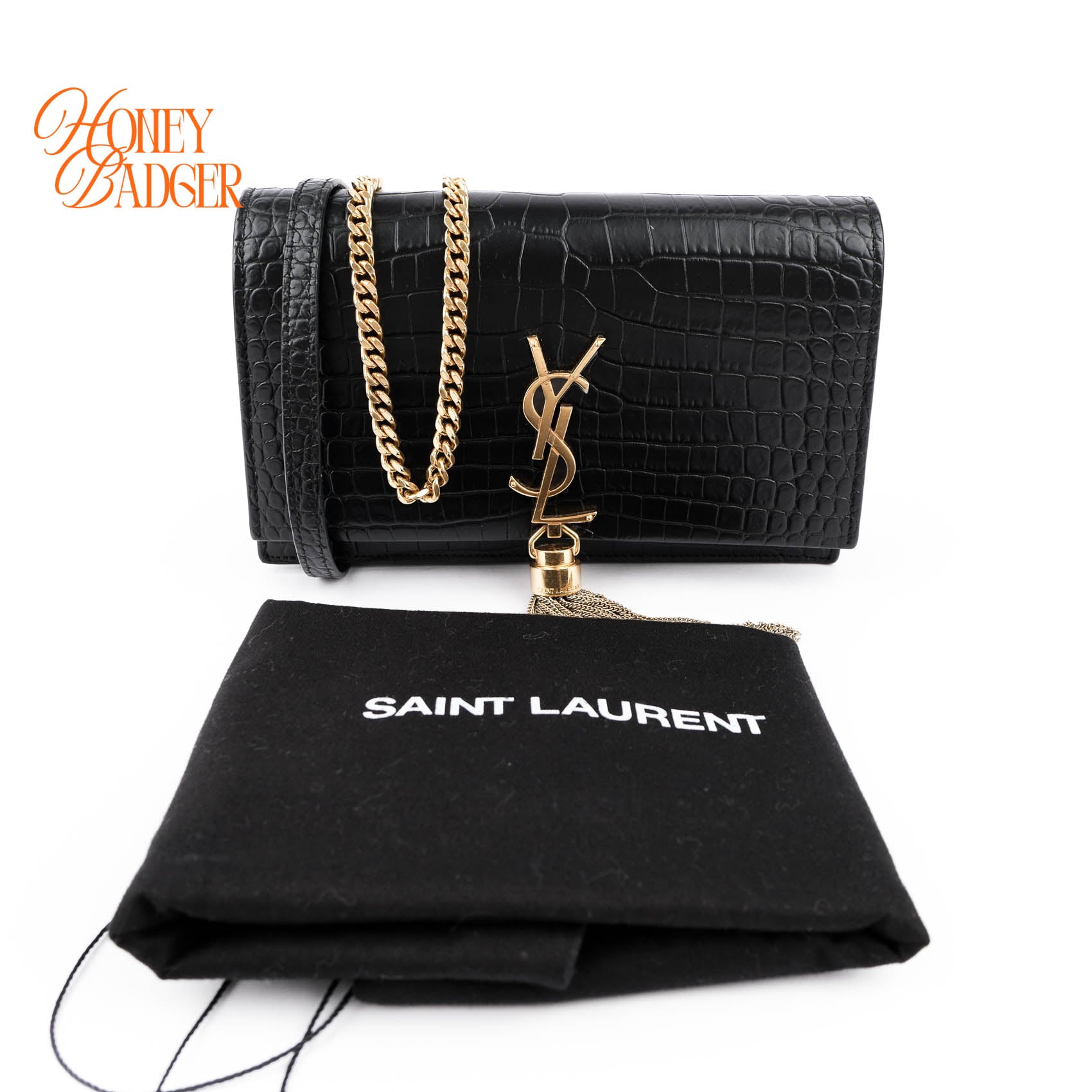 Saint Laurent Paris Kate Tassel Chain Bag Black Crocodile-Embossed Leather Gold Hardware