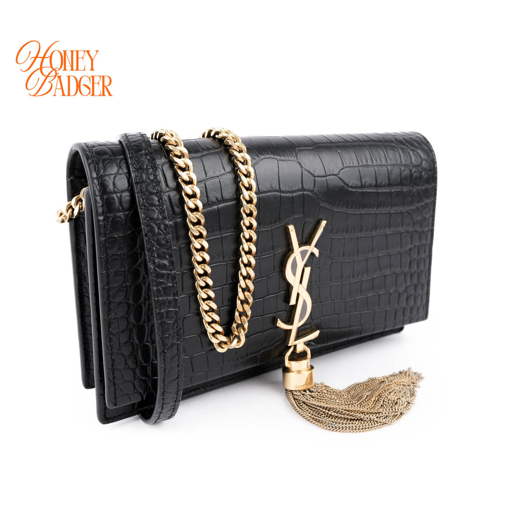 Saint Laurent Paris Kate Tassel Chain Bag Black Crocodile-Embossed Leather Gold Hardware