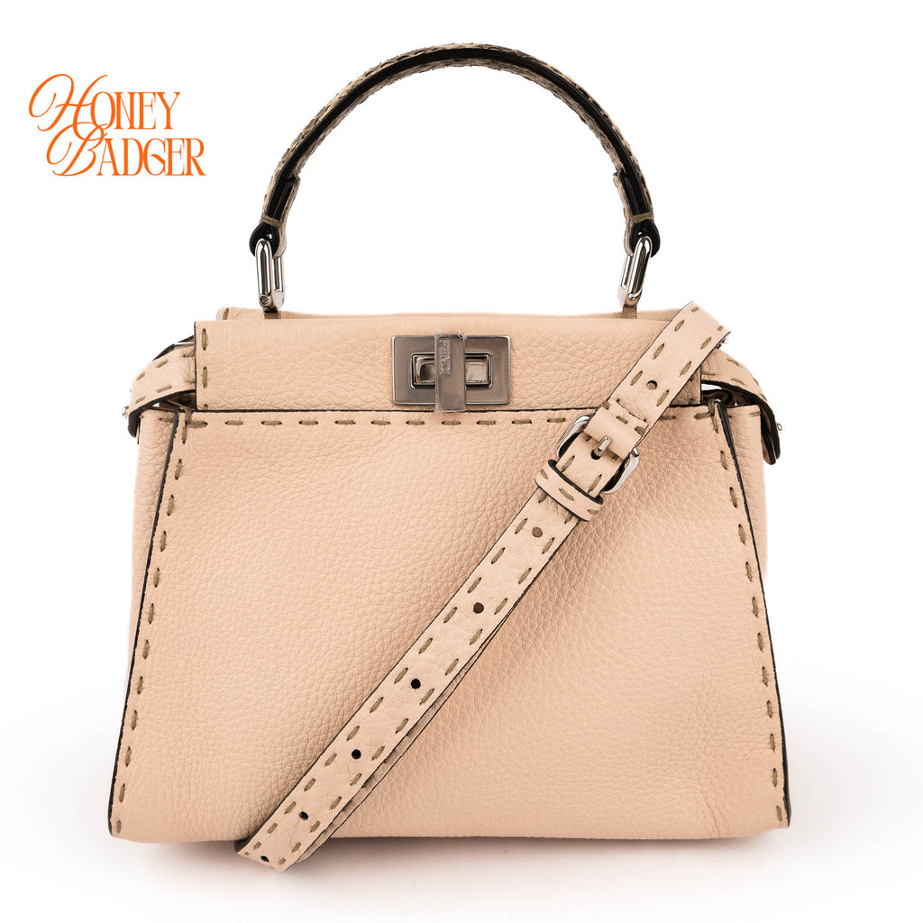 Fendi Peekaboo Iconic Mini Selleria Beige Grained Leather Python Handle Silver Hardware 8BN244