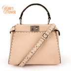 Fendi Peekaboo Iconic Mini Selleria Beige Grained Leather Python Handle Silver Hardware 8BN244