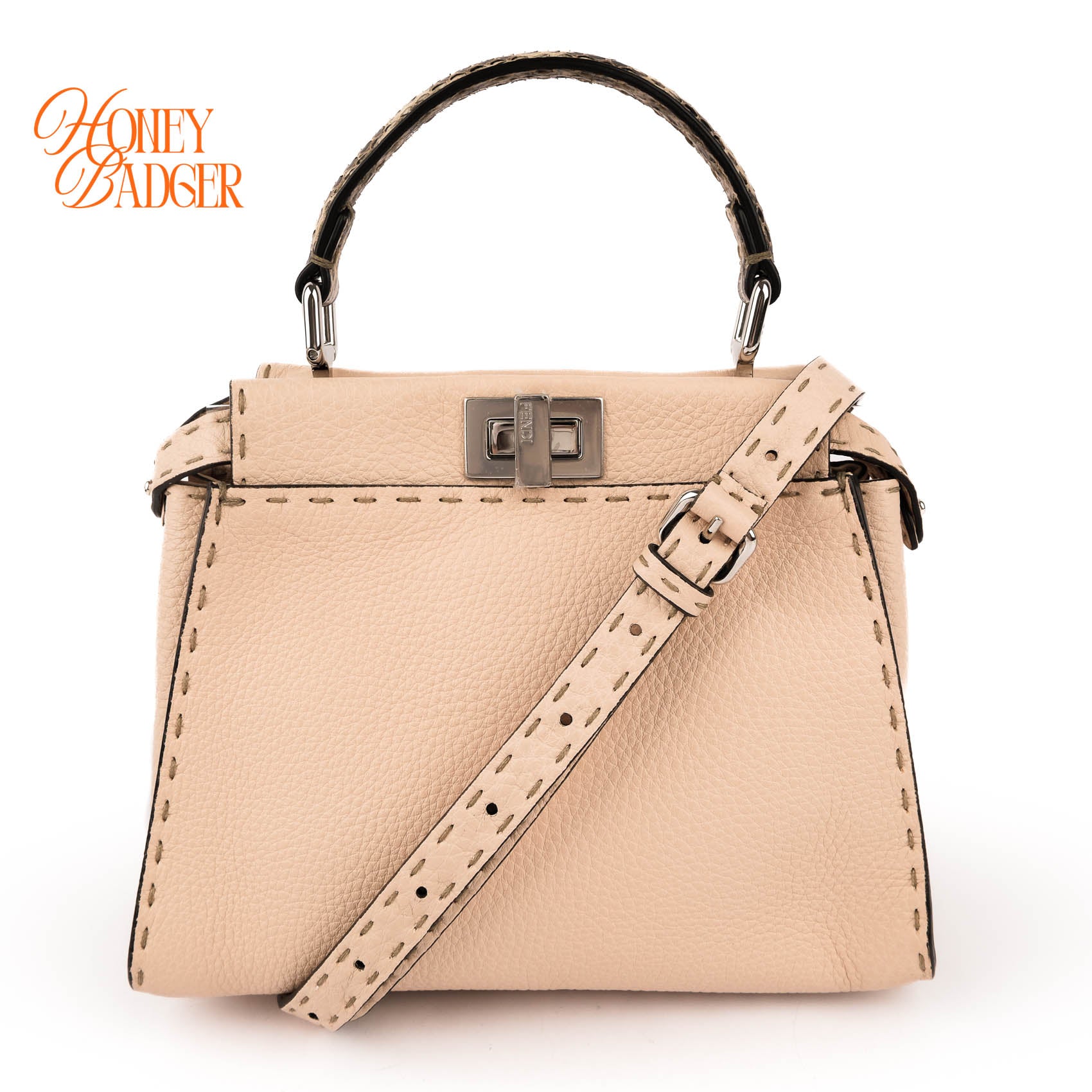 Fendi Peekaboo Iconic Mini Selleria Beige Grained Leather Python Handle Silver Hardware 8BN244