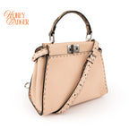 Fendi Peekaboo Iconic Mini Selleria Beige Grained Leather Python Handle Silver Hardware 8BN244