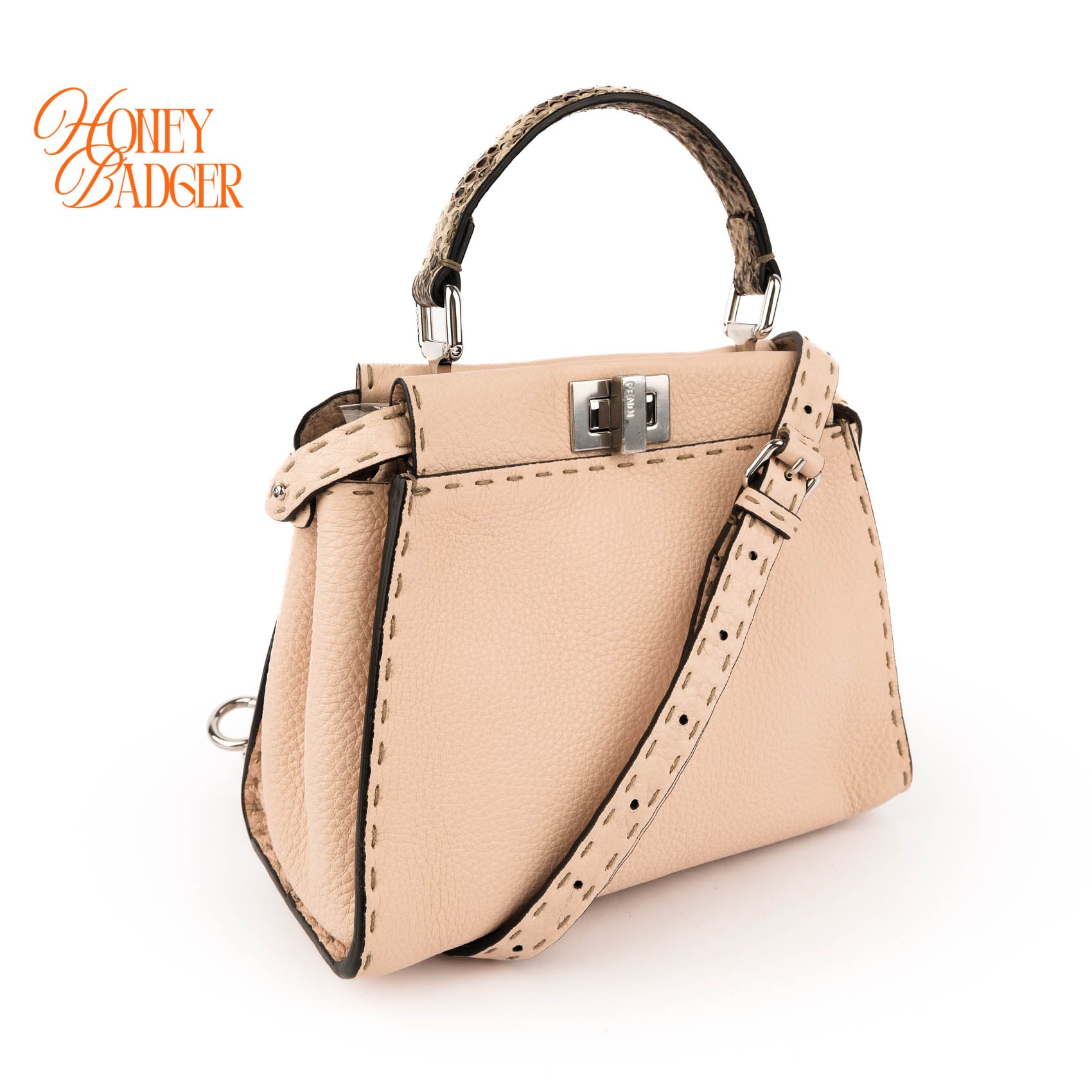 Fendi Peekaboo Iconic Mini Selleria Beige Grained Leather Python Handle Silver Hardware 8BN244