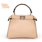 Fendi Peekaboo Iconic Mini Selleria Beige Grained Leather Python Handle Silver Hardware 8BN244