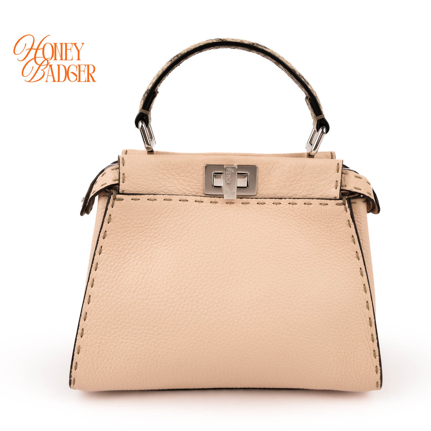 Fendi Peekaboo Iconic Mini Selleria Beige Grained Leather Python Handle Silver Hardware 8BN244