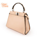 Fendi Peekaboo Iconic Mini Selleria Beige Grained Leather Python Handle Silver Hardware 8BN244