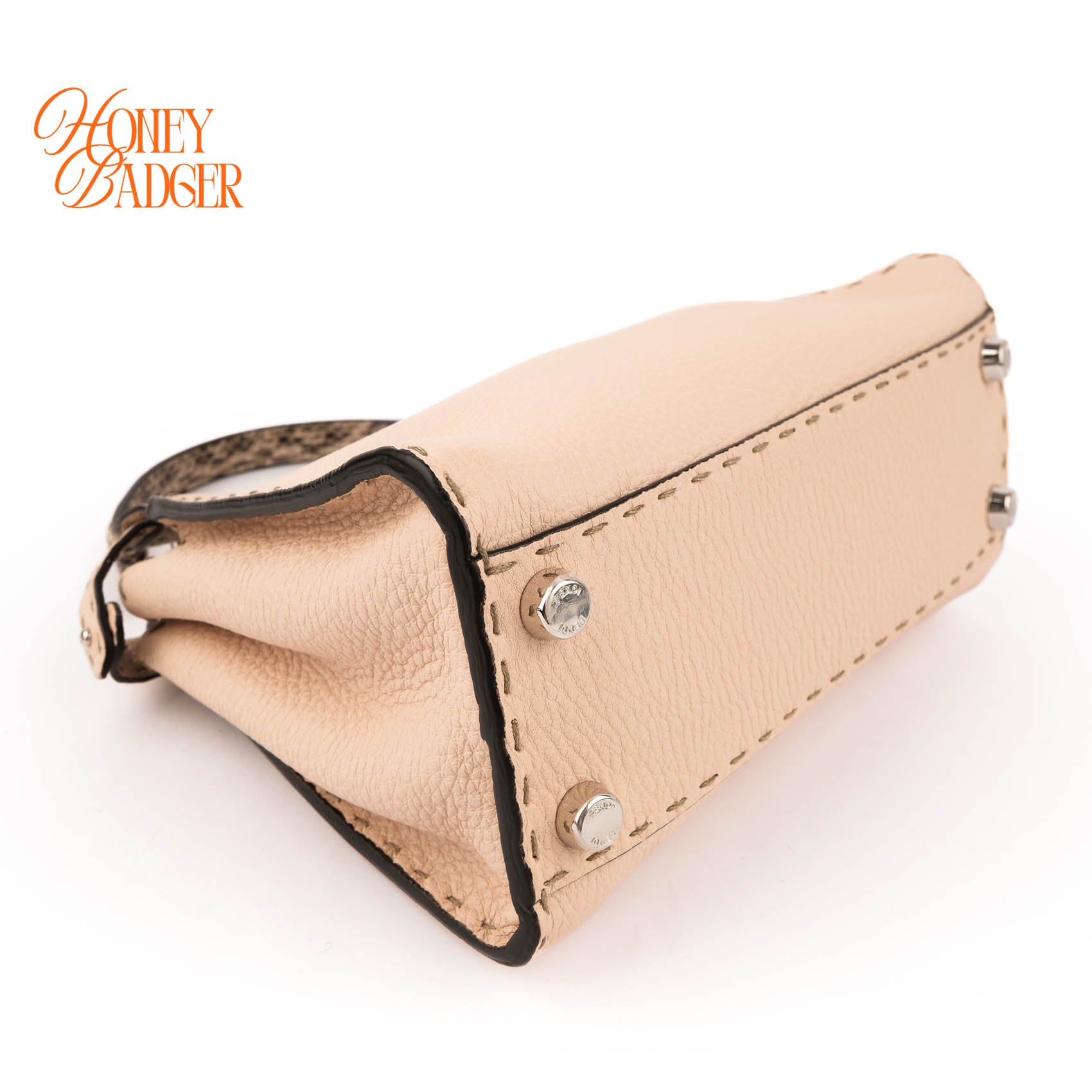 Fendi Peekaboo Iconic Mini Selleria Beige Grained Leather Python Handle Silver Hardware 8BN244