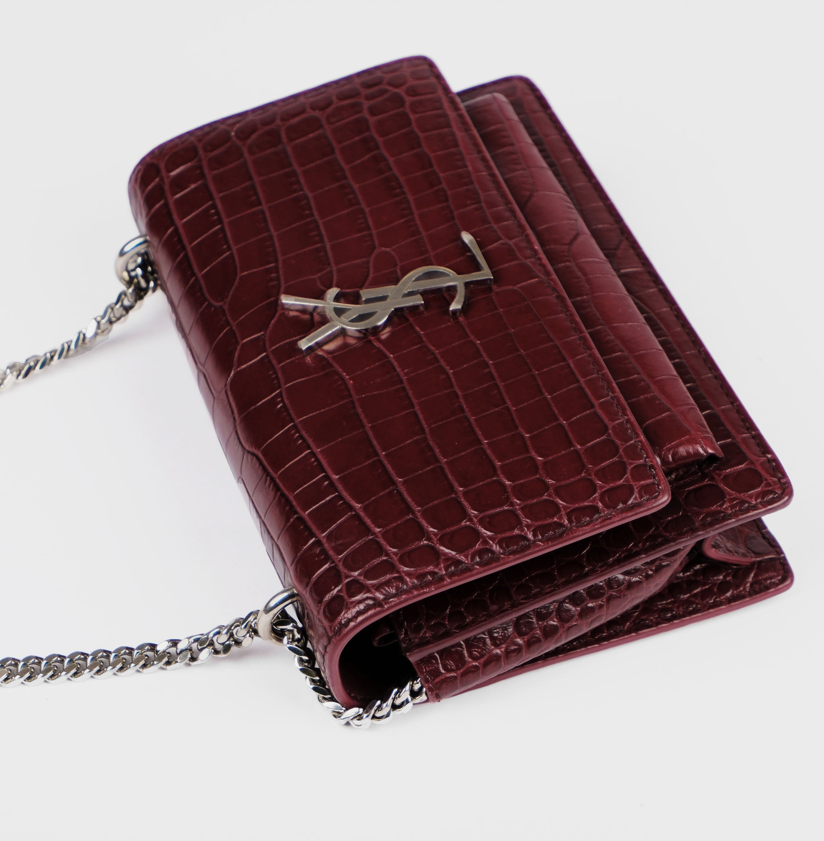 Saint Laurent Sunset Medium Shoulder Bag in Crocodile-Embossed Leather